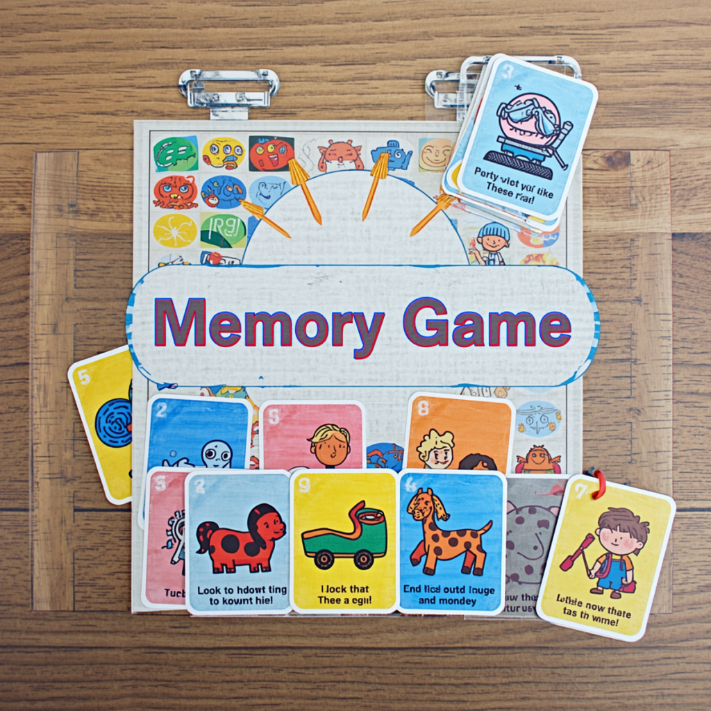 an engaging and colourful memory game for children, featuring a grid of cards with various icons or pictures, designed to be playful and educational.